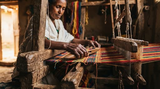 Close-up of artisan hands guiding vibrant handwoven threads on a traditional wooden loom in Ethiopia